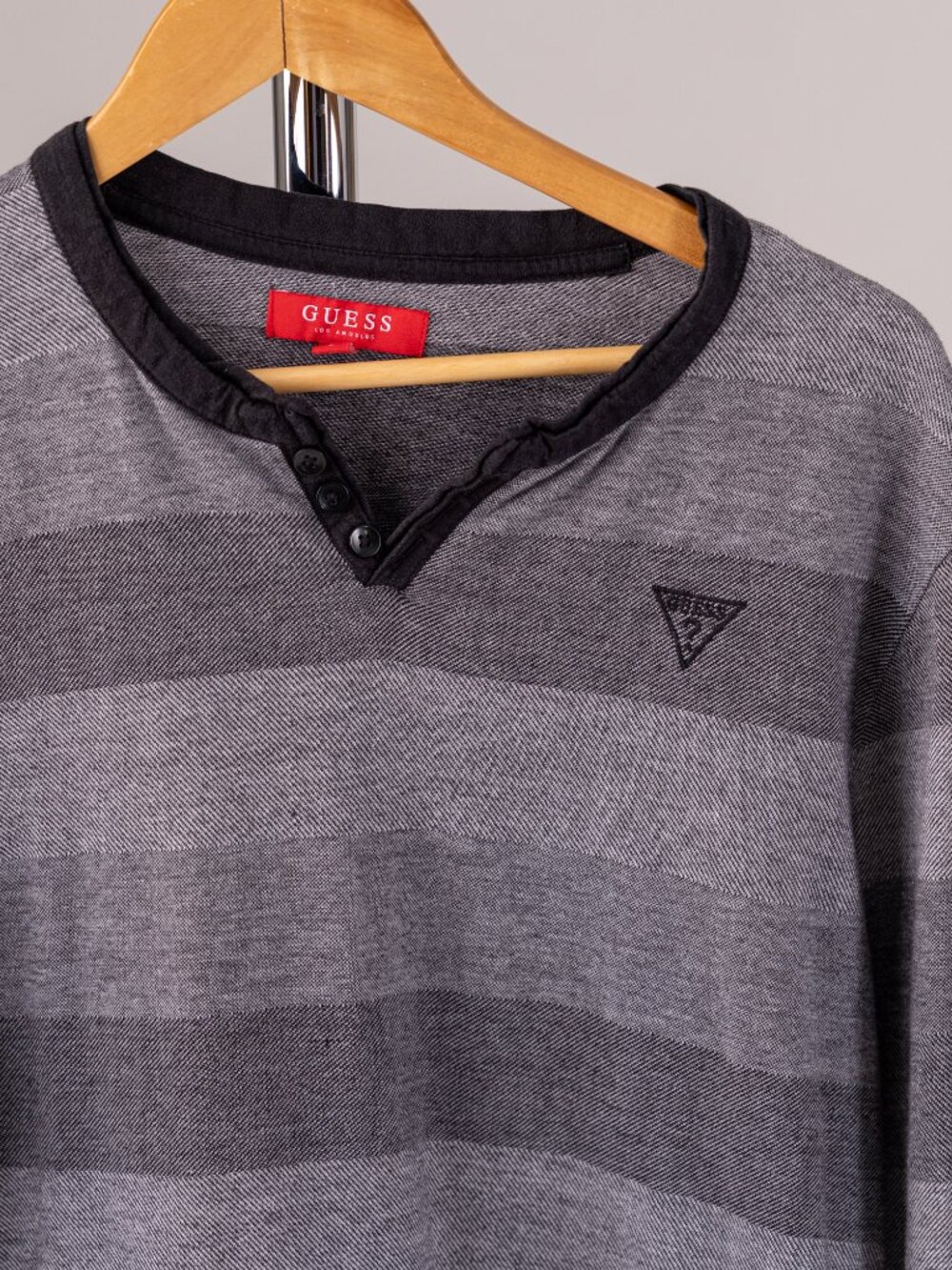 Guess Shirt Black and Grey Striped Long Sleeve Henley Cotton Blend 90s Classic